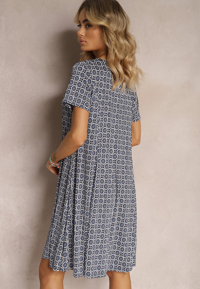 Niebieska Rozkloszowana Sukienka w Ornamentalny Wzór z Wiskozy Oflia