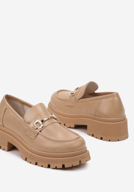 Ciemnobeżowe Mokasyny na Platformie z Klamrą Cleiris