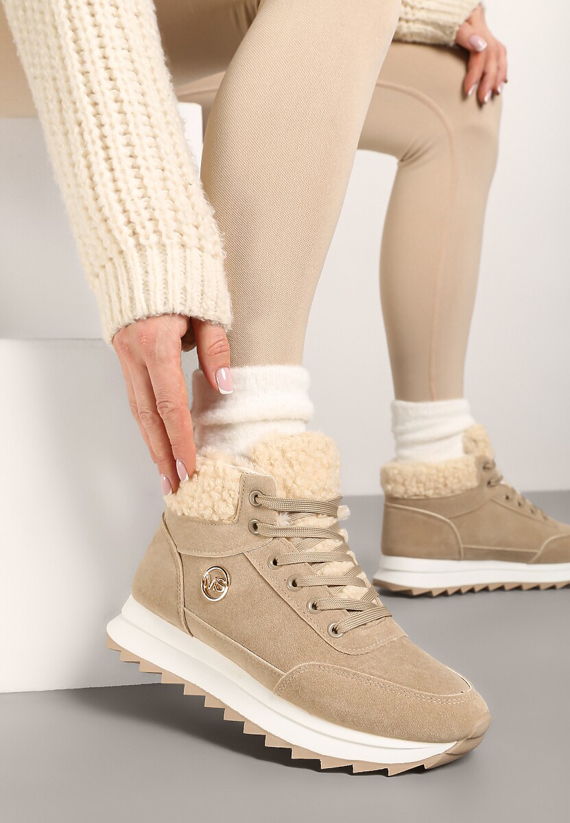 Ciemnobeżowe Zimowe Sneakersy ze Sztucznym Futerkiem Turelia