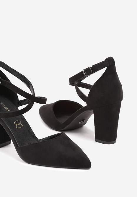 Czarne Czółenka na Słupku ze Skórzaną Wkładką i Ozdobnymi Paskami Leaniria