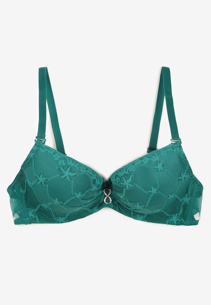 Ciemnozielony Biustonosz Push Up z Koronką i Metaliczną Ozdobą Norirae