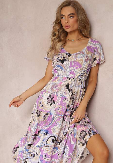 Fioletowa Rozkloszowana Sukienka Midi z Krótkimi Rękawami z Wiskozy Furri