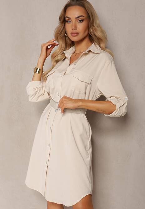 Beżowa Koszulowa Sukienka Utility z Eleganckim Paskiem w Komplecie Miriams