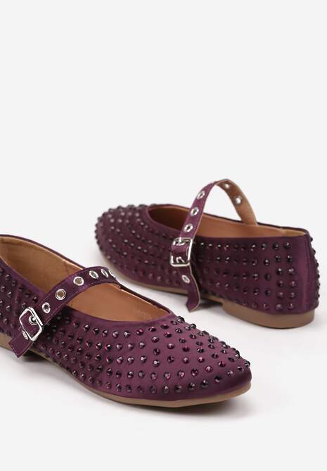 Fioletowe Cyrkoniowe Balerinki w Stylu Mary Jane na Płaskiej Podeszwie z Ozdobnym Paskiem Armiola