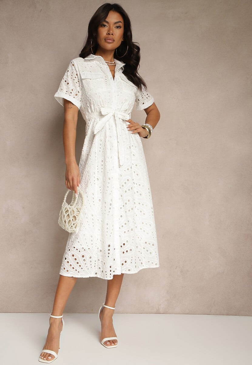 Biała Ażurowa Sukienka Koszulowa Ozdobiona Paskiem Rinailia