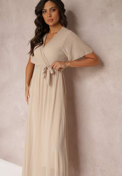 Beżowa Plisowana Sukienka z Kopertowym Dekoltem i Gumką w Talii Dimitris