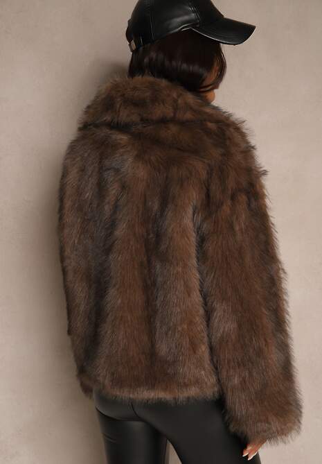 Brązowa Kurtka Futerko o Jednorzędowym Kroju z Szerokim Kołnierzem Dezile