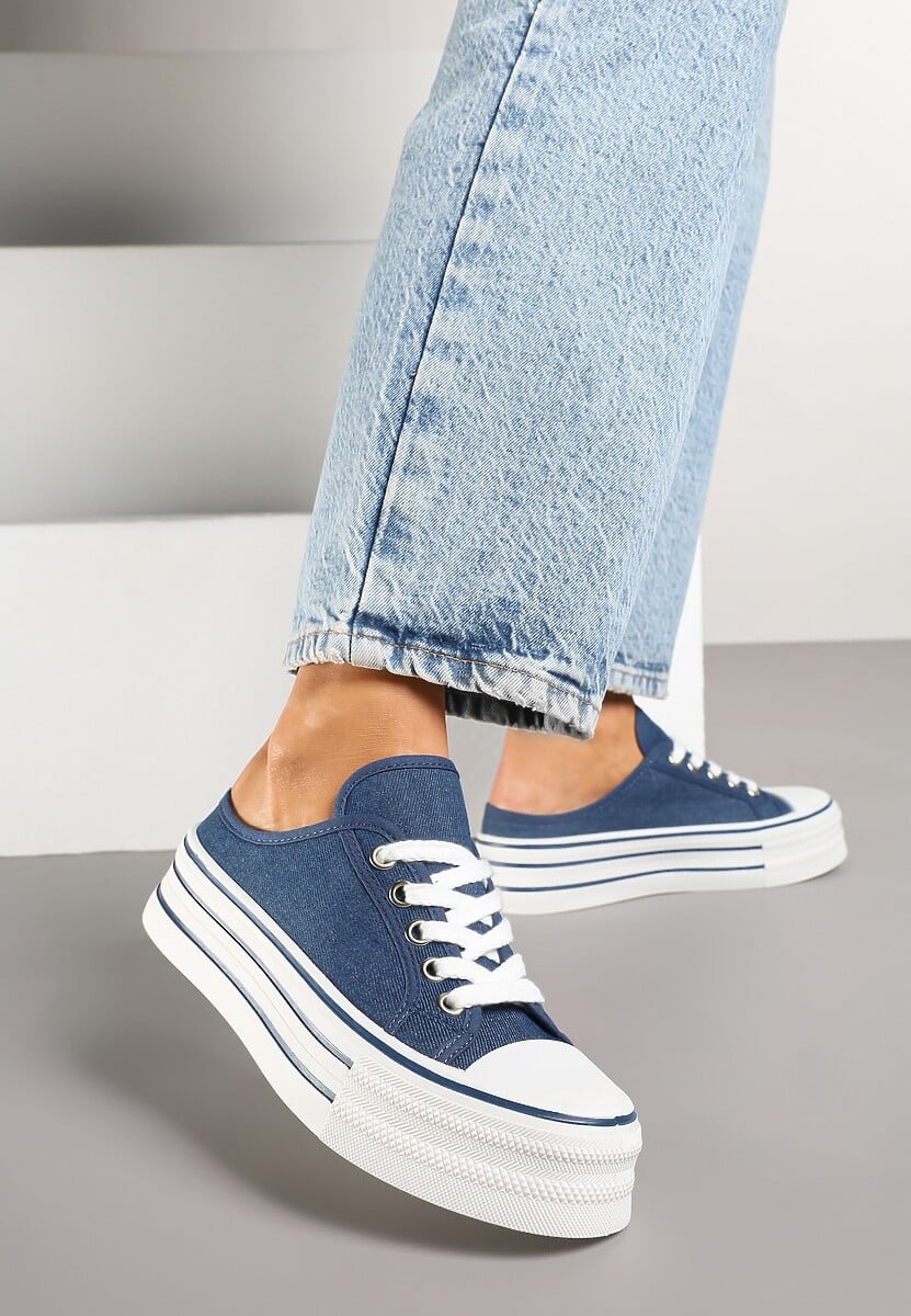 Granatowe Trampki z Niską Cholewką na Podwójnej Podeszwie Lenisna