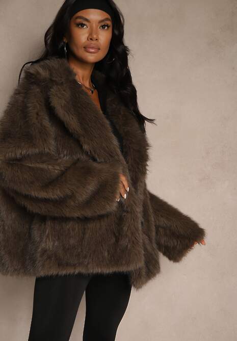 Brązowa Oversizowa Kurtka Futerko o Dwurzędowym Kroju Asonella