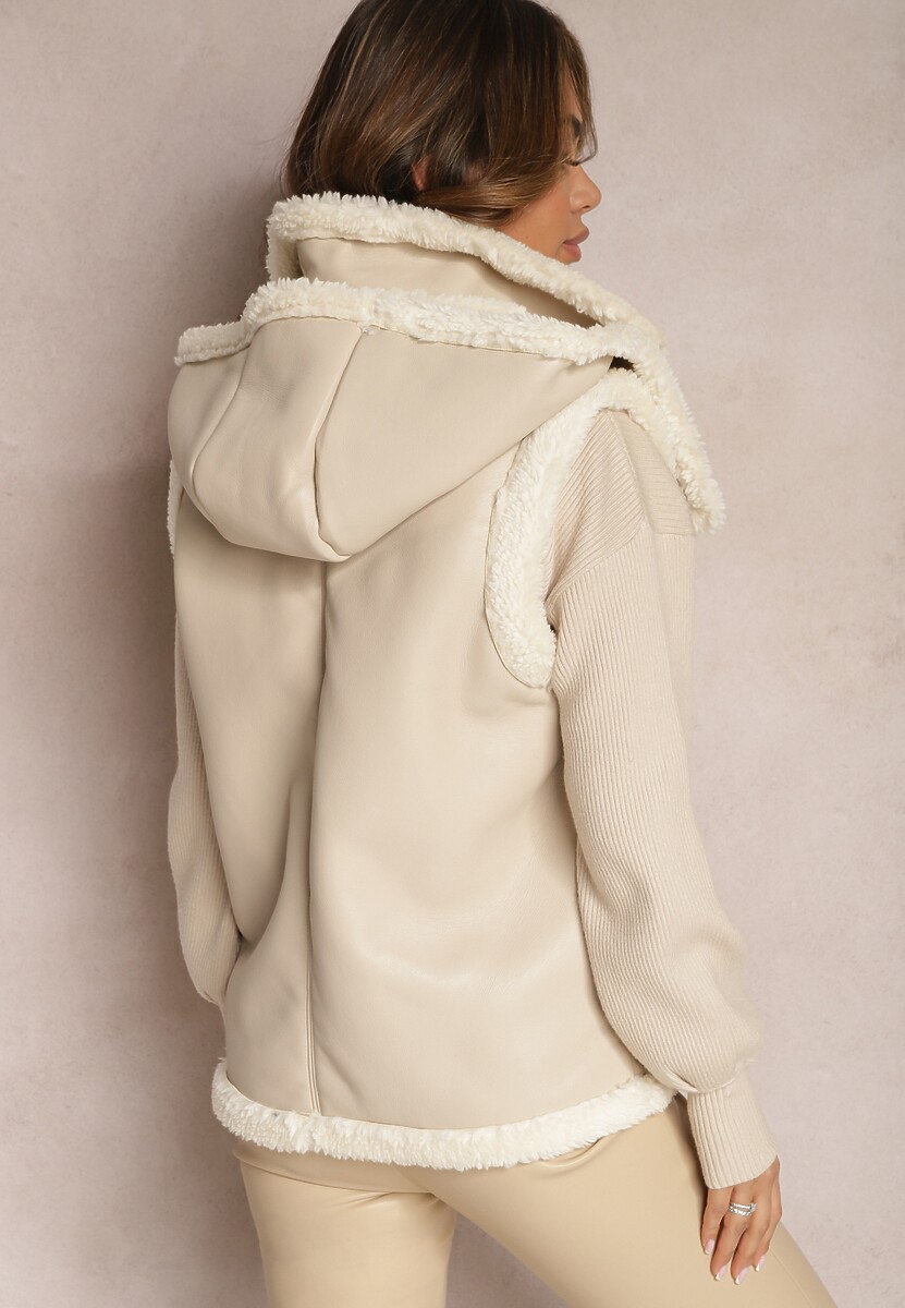 Jasnobeżowa Kamizelka Bezrękawnik z Imitacji Skóry z Futerkiem Irisse