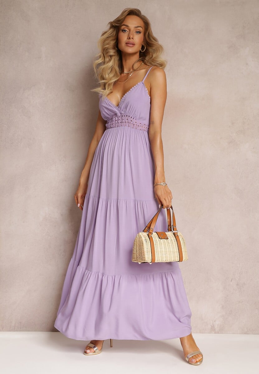 Jasnofioletowa Długa Sukienka Bawełniana z Szerokimi Falbanami i Gumką w Talii Thaisa