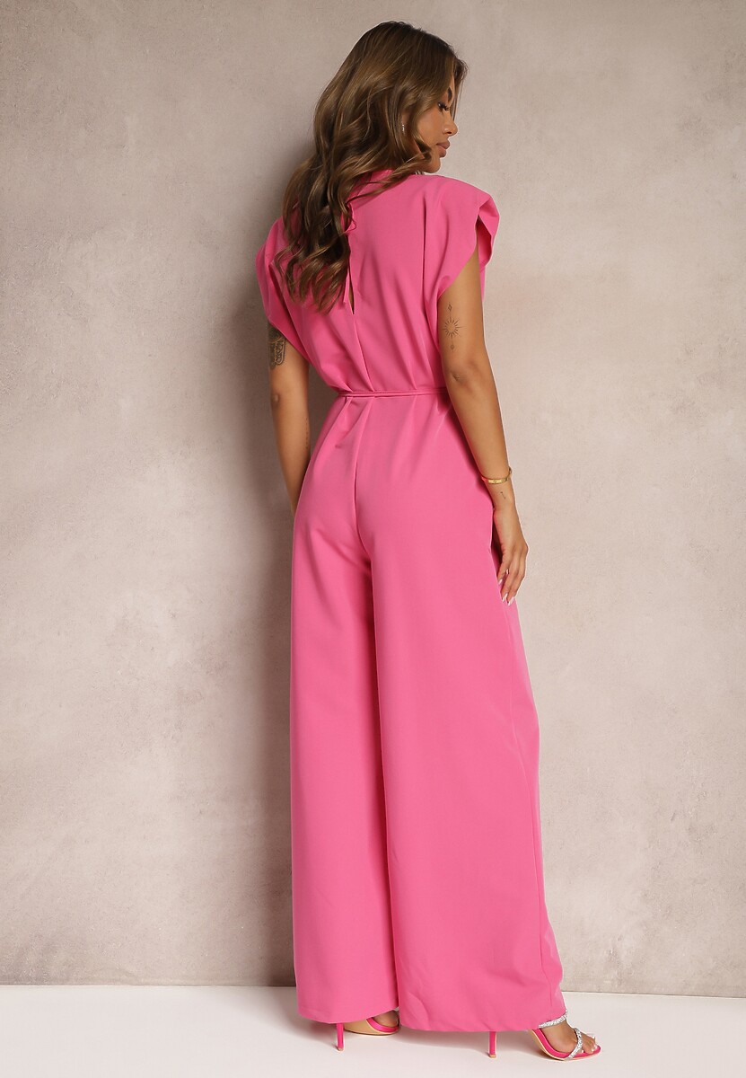 Różowy Kombinezon Wykończony Prostymi Szerokimi Nogawkami z Wiskozą i Kwiatem 3D Dimentia