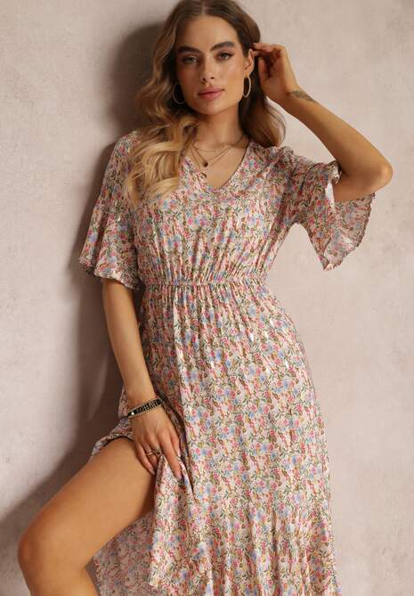 Biało-Różowa Wiskozowa Sukienka Midi w Kwiaty z Gumką w Talii i Falbanką Nothy