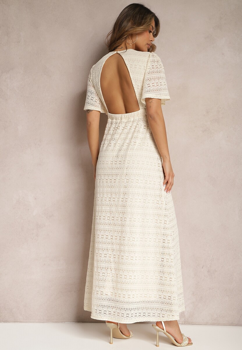 Jasnobeżowa Długa Sukienka z Ażurowej Koronki z Gumką w Talii Gemisa