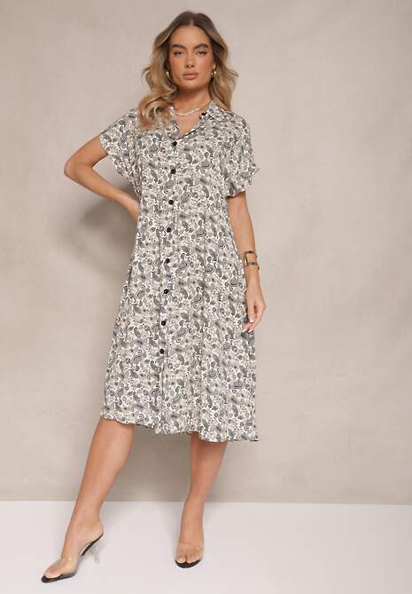 Czarna Sukienka z Bawełny w Print Paisley o Koszulowym Kroju Celluria