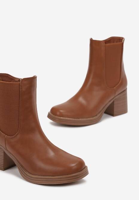 Brązowe Botki na Słupku z Elastyczną Wstawką Amines