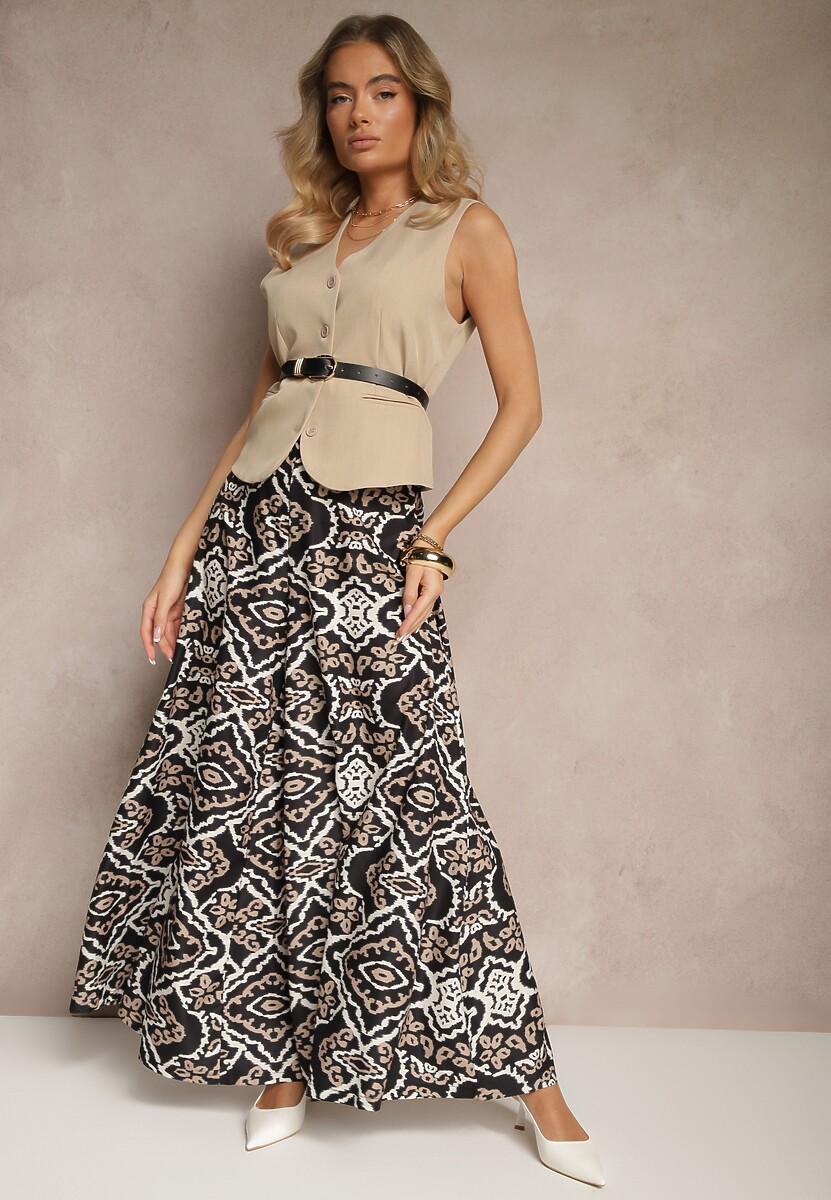 Czarne Szerokie Spodnie z Wiskozy High Waist w Geometryczny Wzór Firdexia