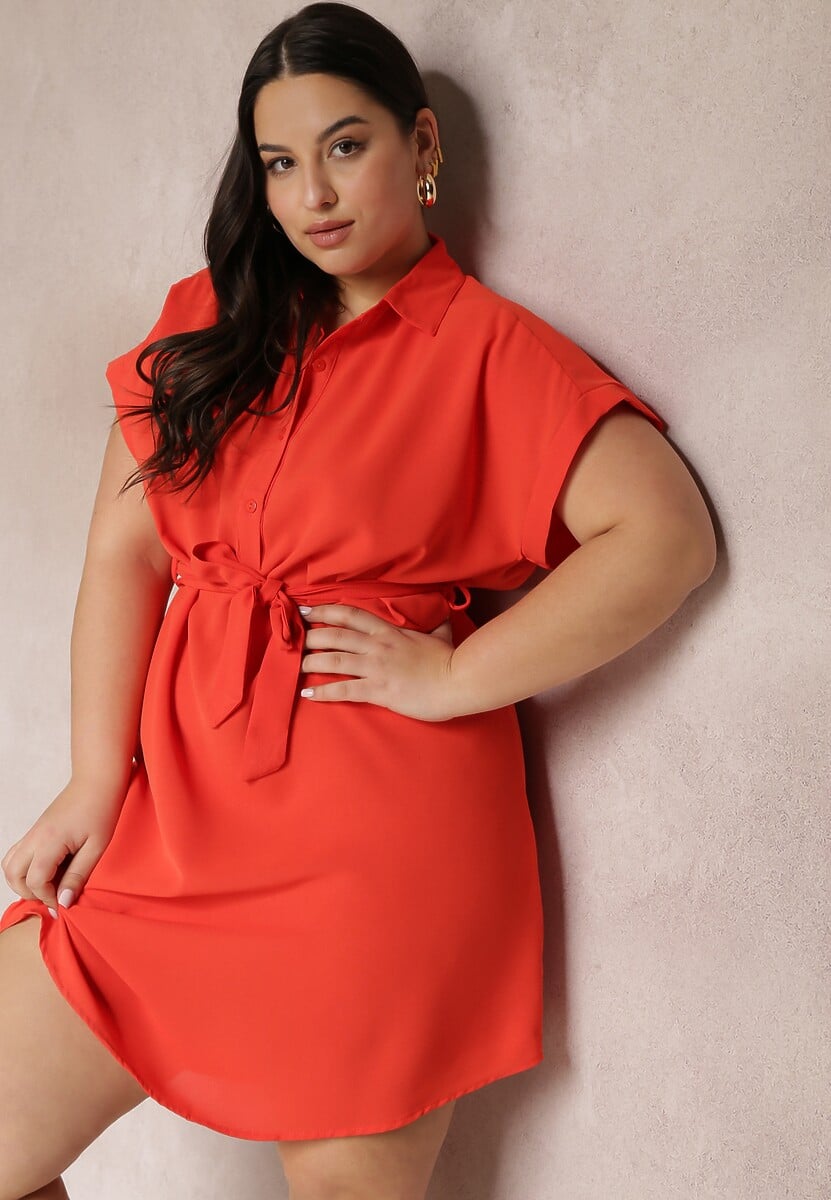 Pomarańczowa Sukienka Koszulowa Wiązana w Pasie z Krótkimi Rękawami Wellwood