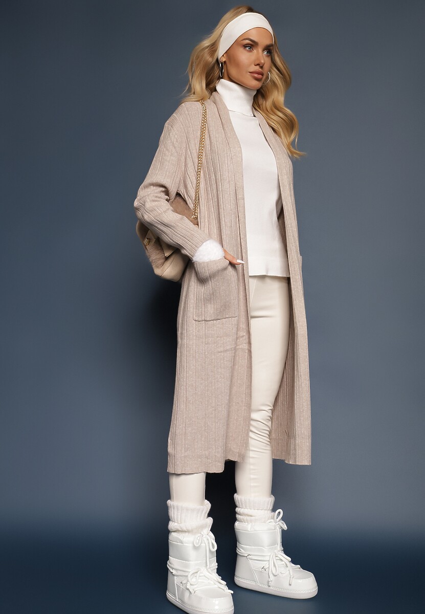 Beżowy Nierozpinany Kardigan o Długim Kroju z Wiskozą i Kieszeniami Naralie