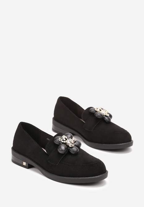 Czarne Mokasyny Ozdobione Naszywką Kwiatka i Broszką w Kształcie Misia Anunccces