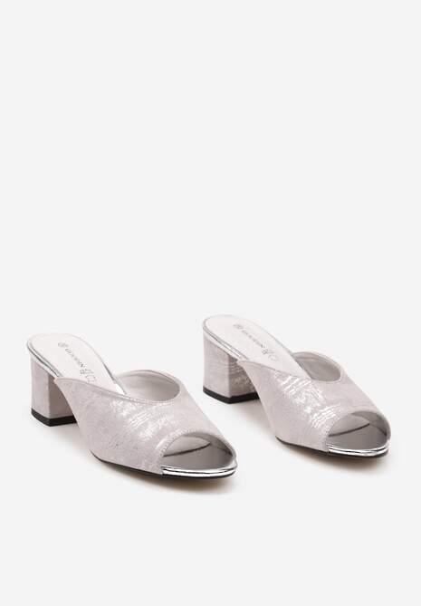 Szare Eleganckie Klapki na Słupku Wykończone Brokatem i Skórzaną Wkładką Zonemia