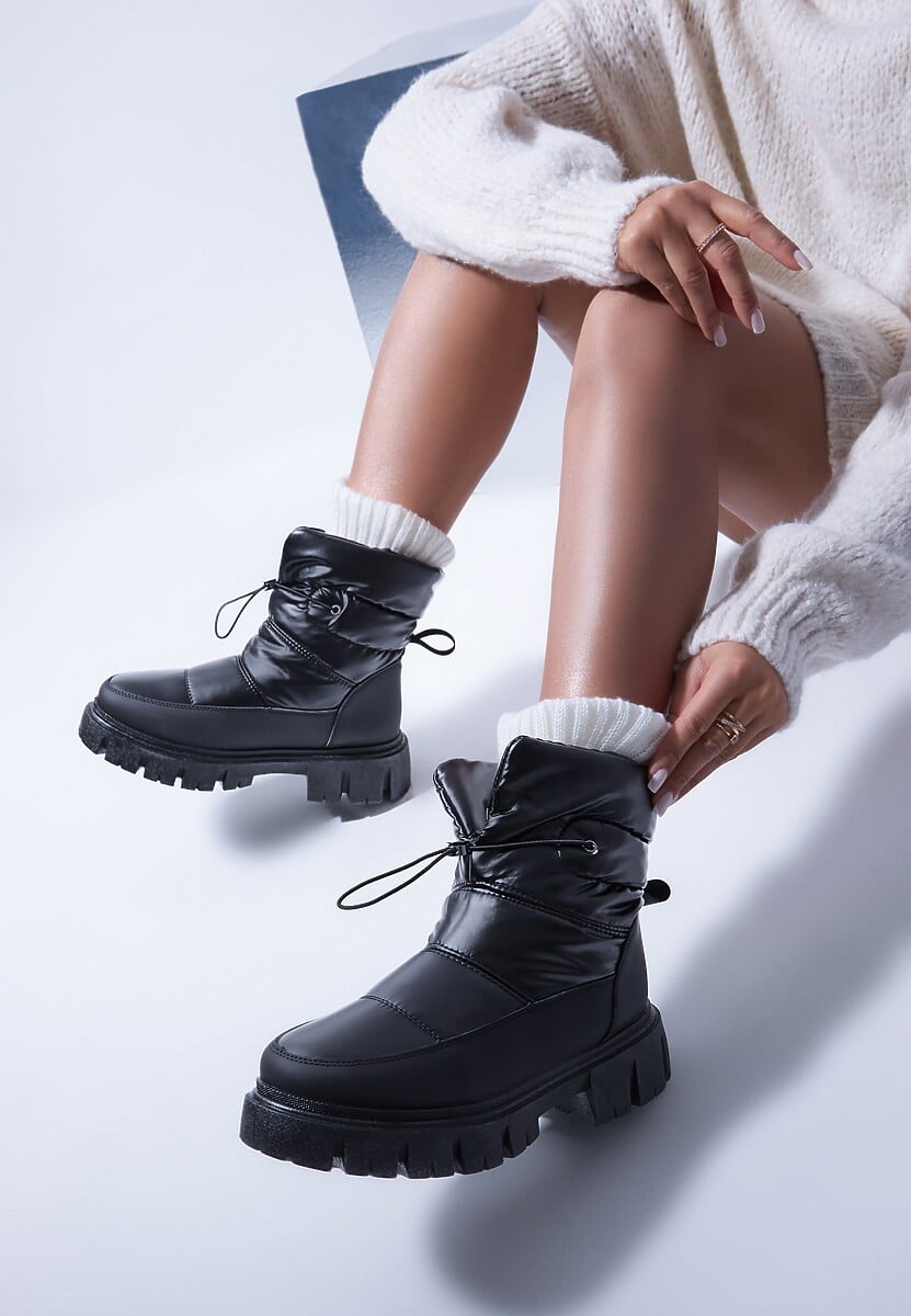 Czarne Śniegowce na Niskiej Platformie z Ozdobnym Pikowaniem i Ściągaczem Raballa