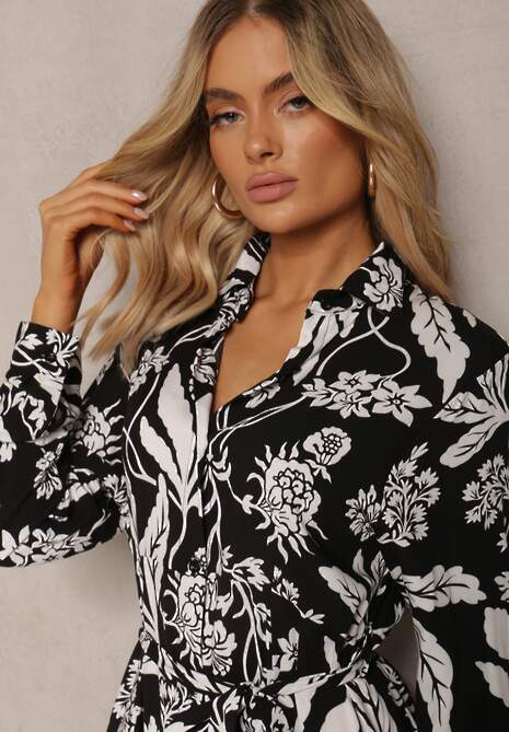 Czarno-Biała Sukienka o Długim Koszulowym Fasonie z Wzorem w Kwiaty Seraplle