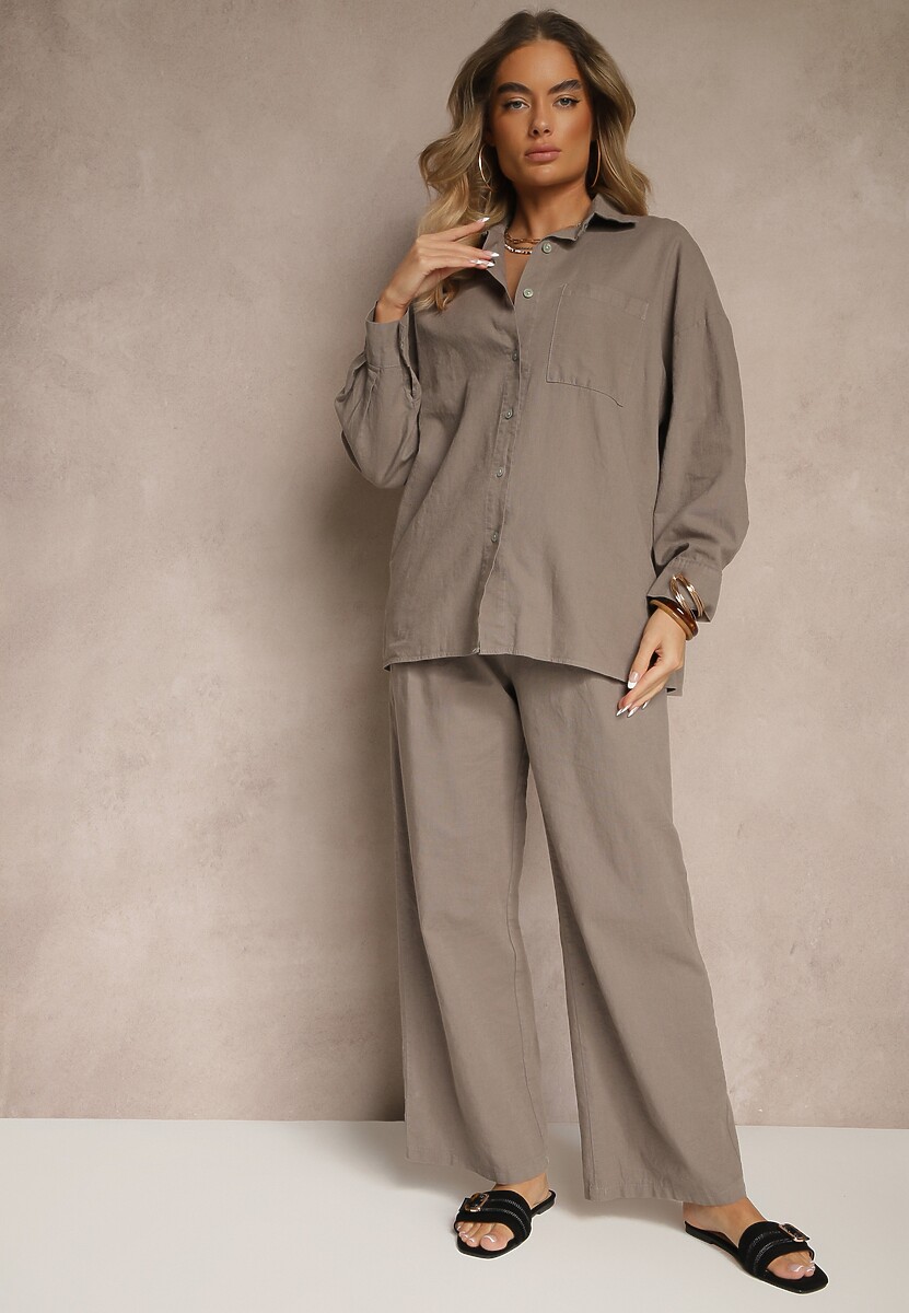 Ciemnobeżowy Komplet z Lnem Koszula i Spodnie o Szerokim Kroju Renavine