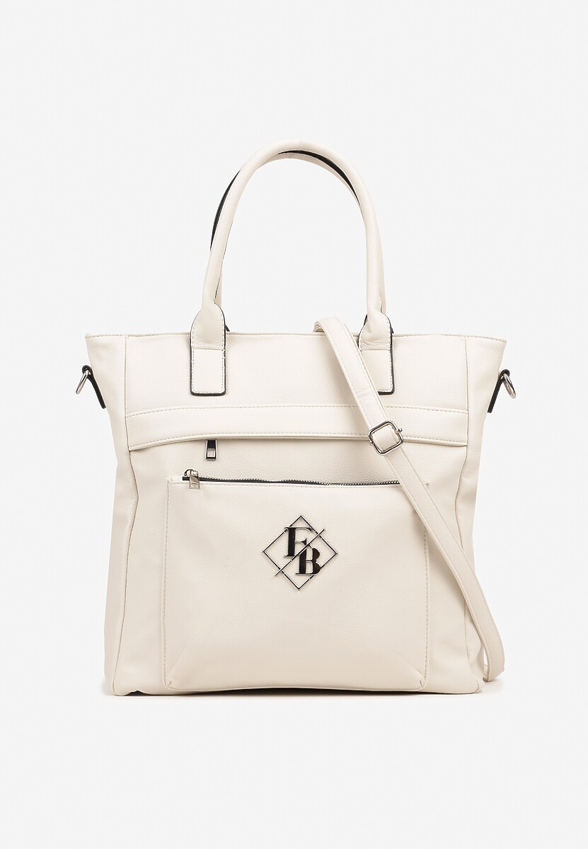 Beżowa Torebka Typu Shopper z Paskiem Crossbody Zdobiona Aplikacją Idaniela