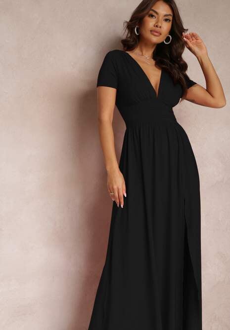 Czarna Sukienka Maxi z Rozkloszowanym Dołem i Rozcięciem Zarya
