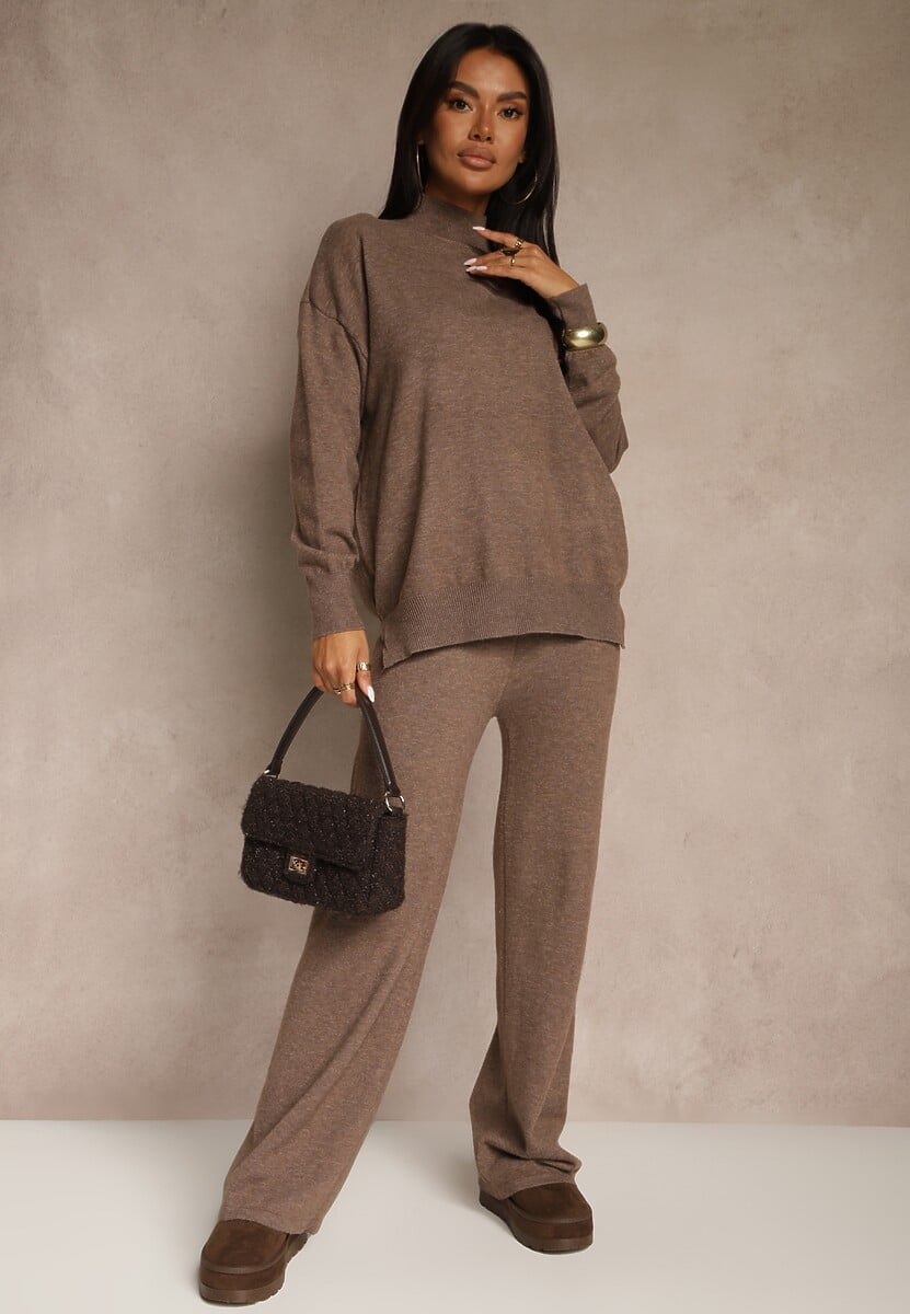 Brązowy Komplet Dzianinowy z Wełną i Bawełną Sweter Golf i Szerokie Spodnie  Reipella