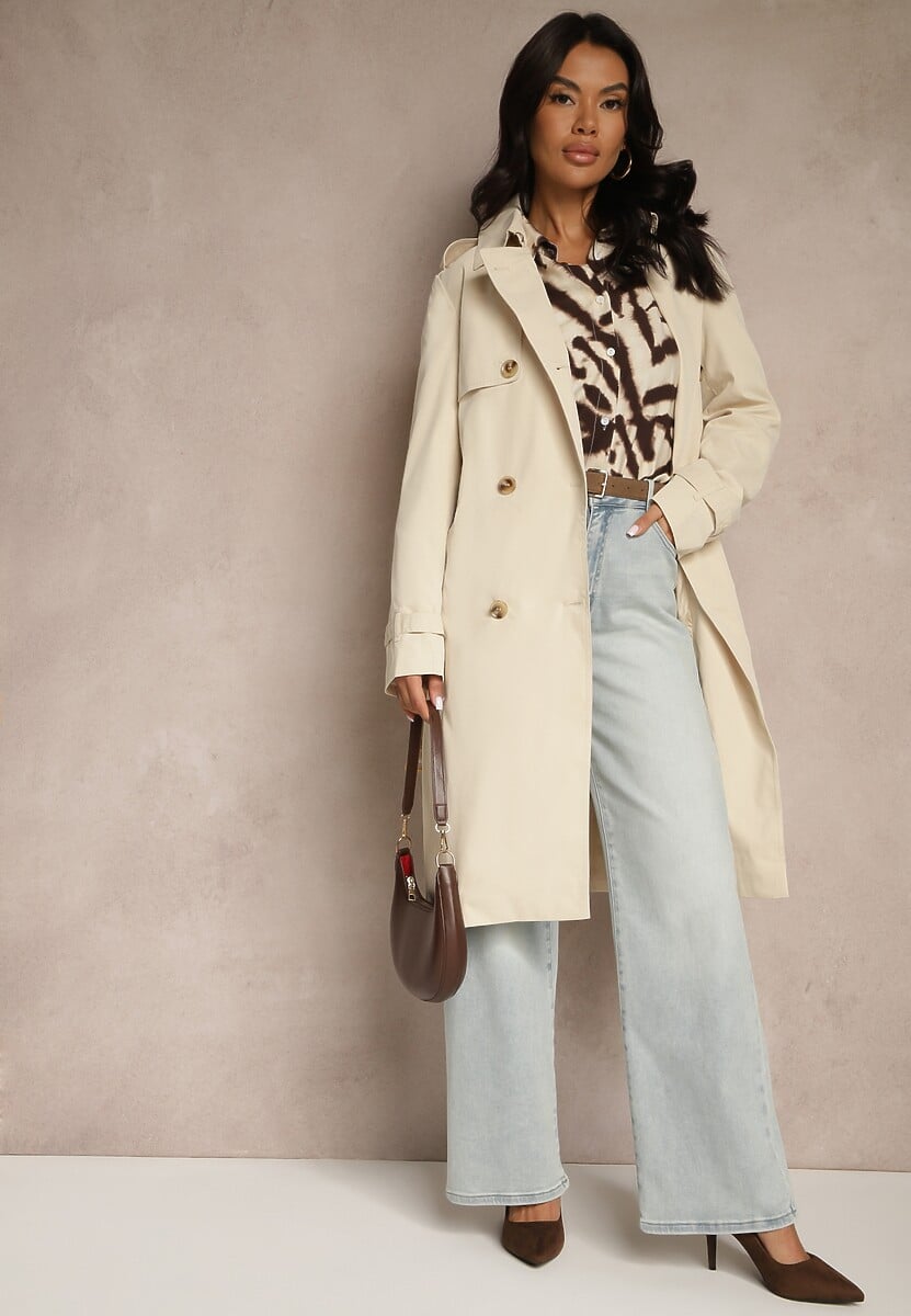 Beżowy Dwurzędowy Płaszcz Trencz z Paskiem i Elegancką Klapą Fireti