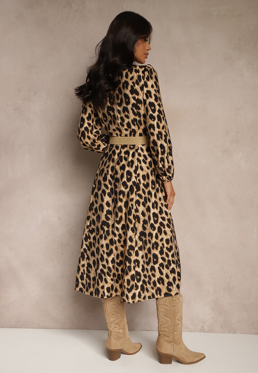 Brązowa Panterkowa Sukienka z Wiskozą o Rozkloszowanym Kroju z Paskiem Meliri