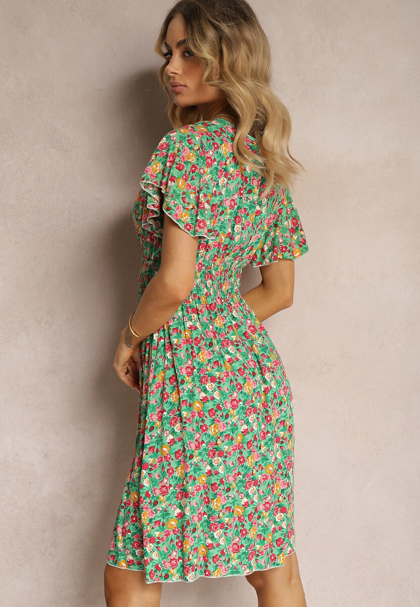 Zielona Kwiecista Sukienka z Wiskozy z Trójkątnym Dekoltem i Gumką w Talii Tereria