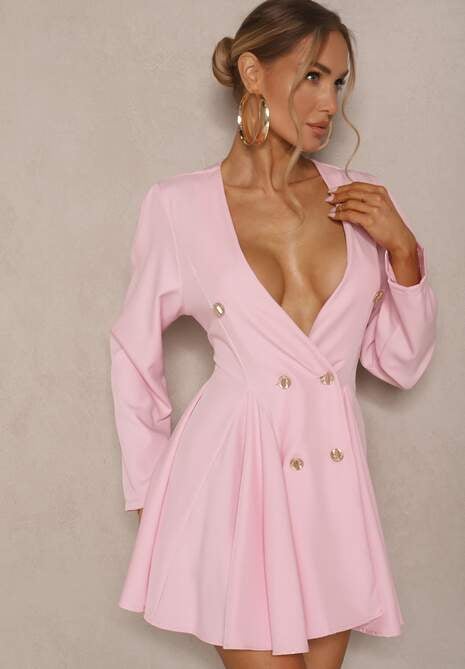 Różowa Rozkloszowana Sukienka o Fasonie Marynarki z Ozdobnymi Guzikami Florlio
