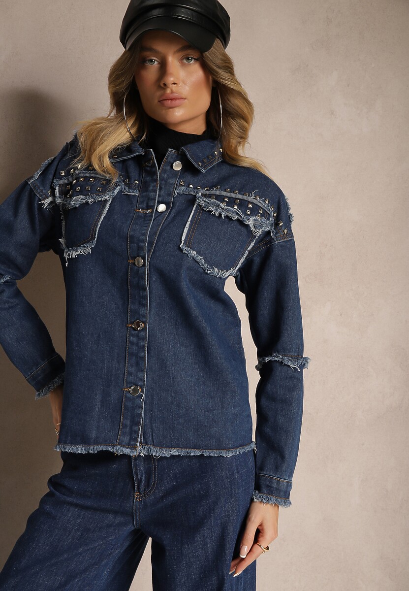 Granatowa Jeansowa Kurtka z Bawełny z Rozprutymi Elementami i Ćwiekami Trudilla