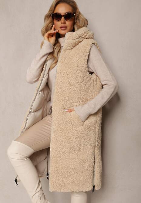 Jasnobeżowa Dwustronna Kamizelka Pikowana z Futerkiem Madalan