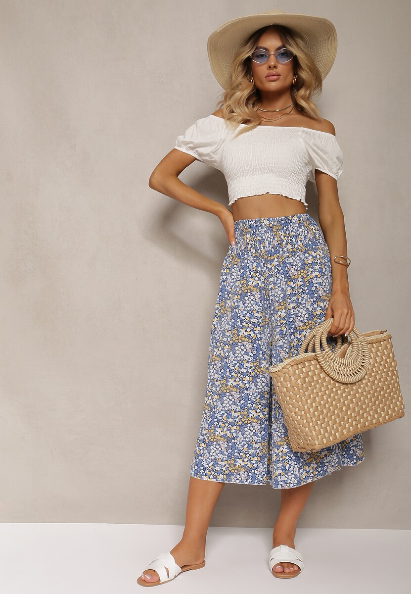 Niebieskie Szerokie Spodnie Culotte High Waist z Gumką w Talii Vikiisona