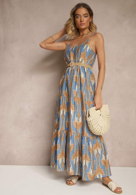 Niebiesko-Beżowa Sukienka w Stylu Boho z Cienkimi Regulowanymi Ramiączkami Tosena