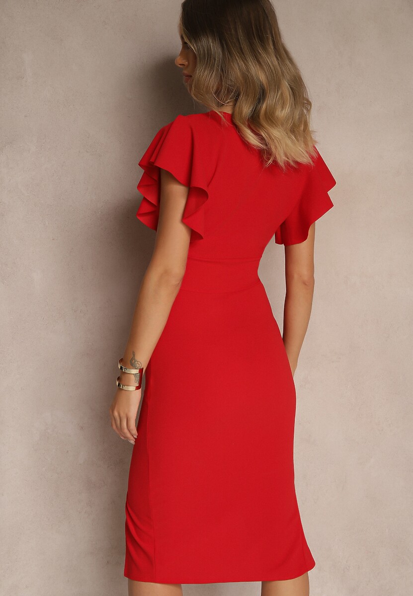 Czerwona Kopertowa Sukienka z Trójkątnym Dekoltem i Falbankami Holana