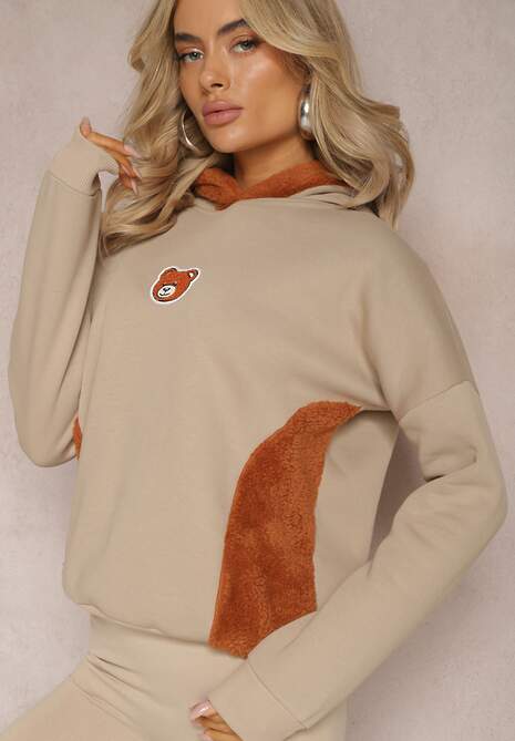 Beżowa Bluza z Bawełny z Ozdobną Naszywką z Misiem i Polarowym Kapturem Hecatia