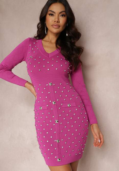 Fioletowa Dopasowana Sukienka Dzianinowa z Kryształkami Nosit