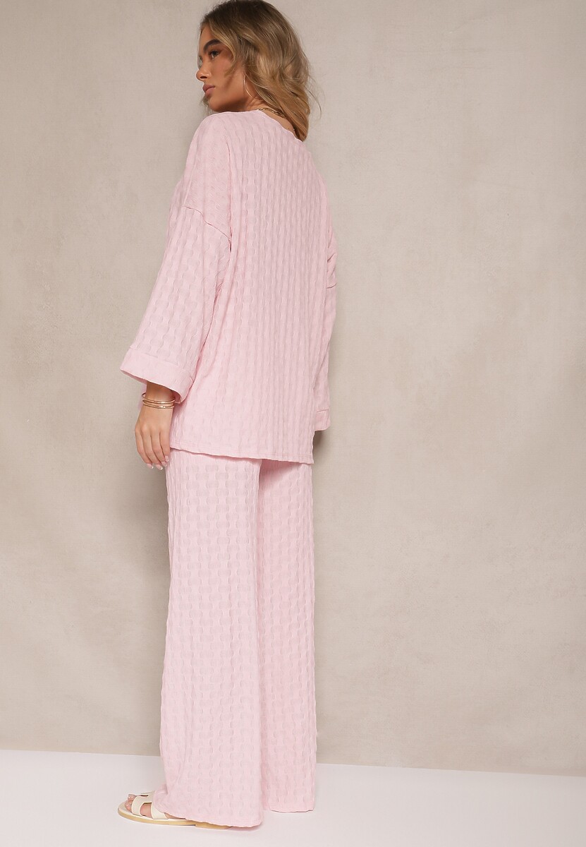 Różowy Komplet ze Spodniami o Szerokim Kroju i Bluzką z Długim Rękawem Caniffia