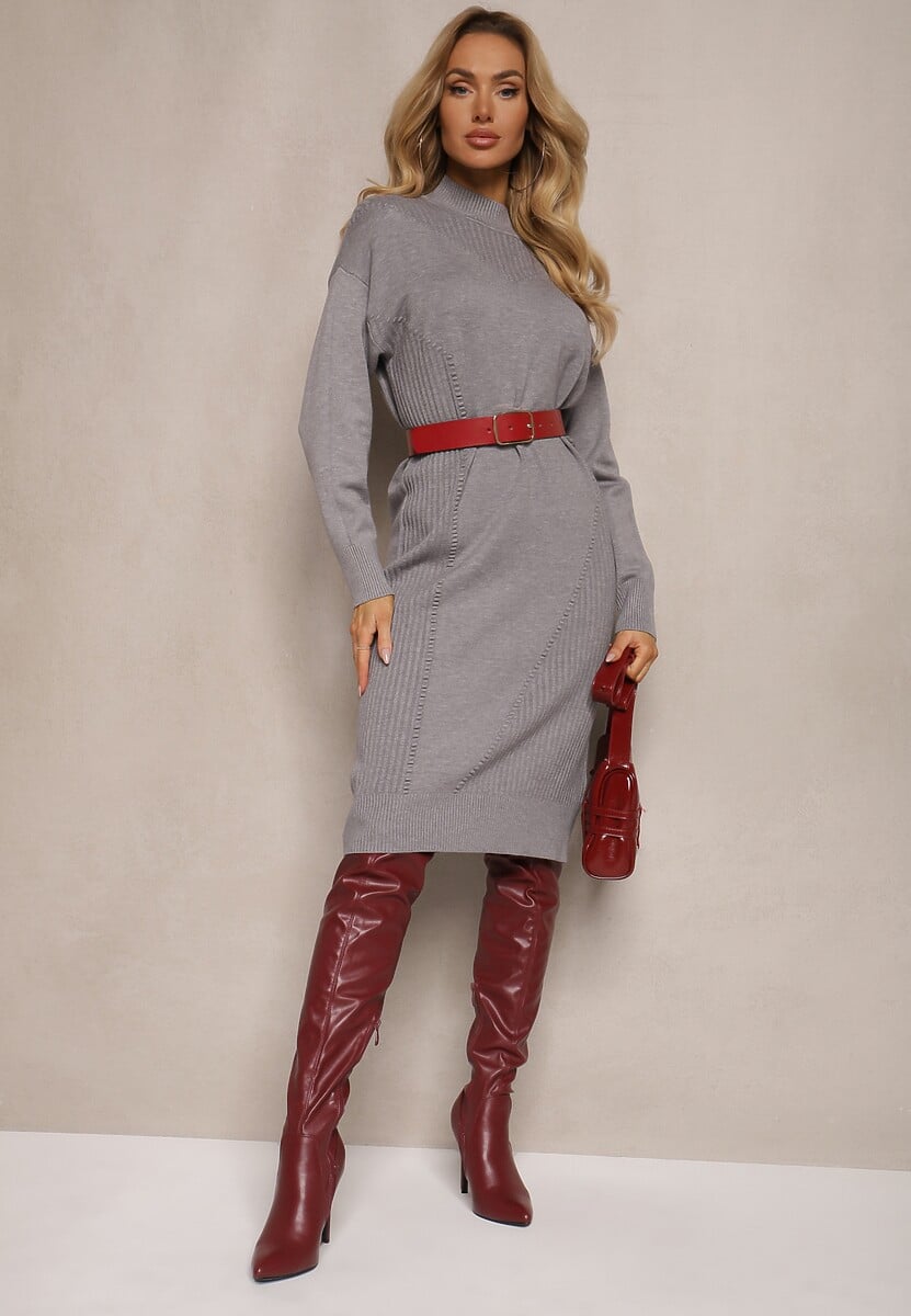 Szara Pudełkowa Sukienka z Półgolfem Wiskozą Modalem i Prążkowanymi Elementami Ennora