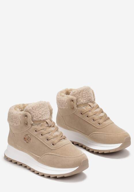 Ciemnobeżowe Zimowe Sneakersy ze Sztucznym Futerkiem Turelia