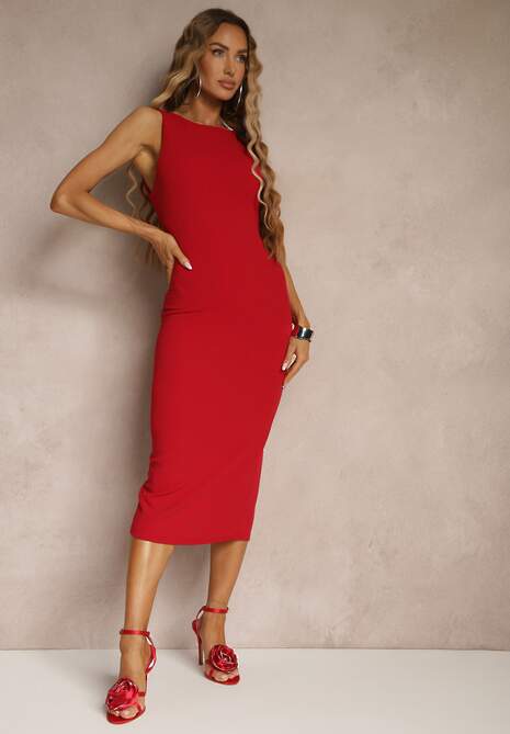 Czerwona Ołówkowa Sukienka Bez Rękawów z Wiskozą Zdobiona Rozcięciem z Tyłu Fonama