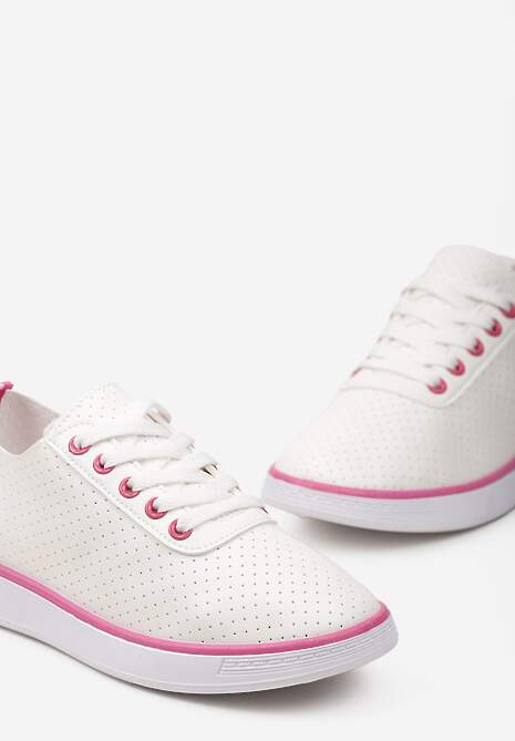 Beżowo-Fuksjowe Sznurowane Tenisówki z Ozdobną Taśmą na Tyle i Perforacją Kavinna