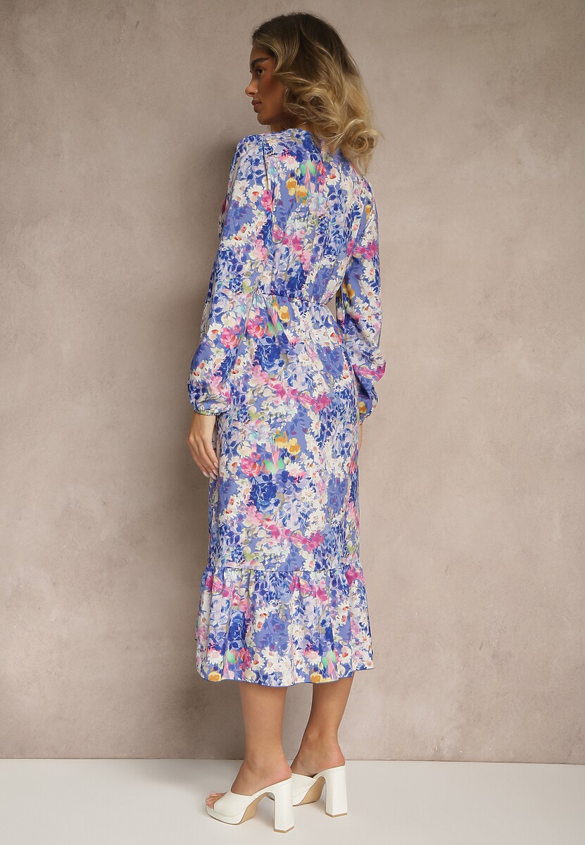 Niebieska Sukienka w Kwiatowy Print o Rozkloszowanym Kroju z Dekoltem w Serek Janellia