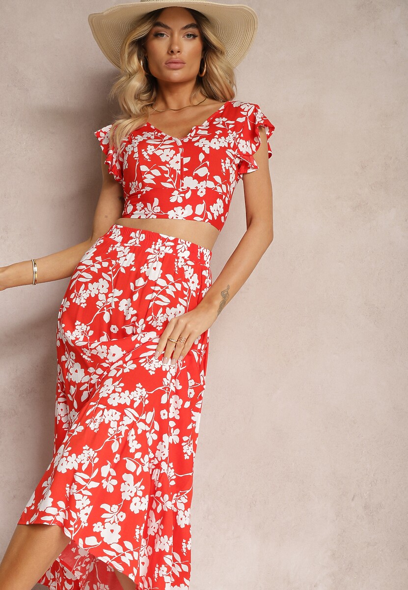 Czerwono-Biały Wiskozowy Komplet w Kwiatki z Bluzką i Rozkloszowaną Spódnicą Pienara