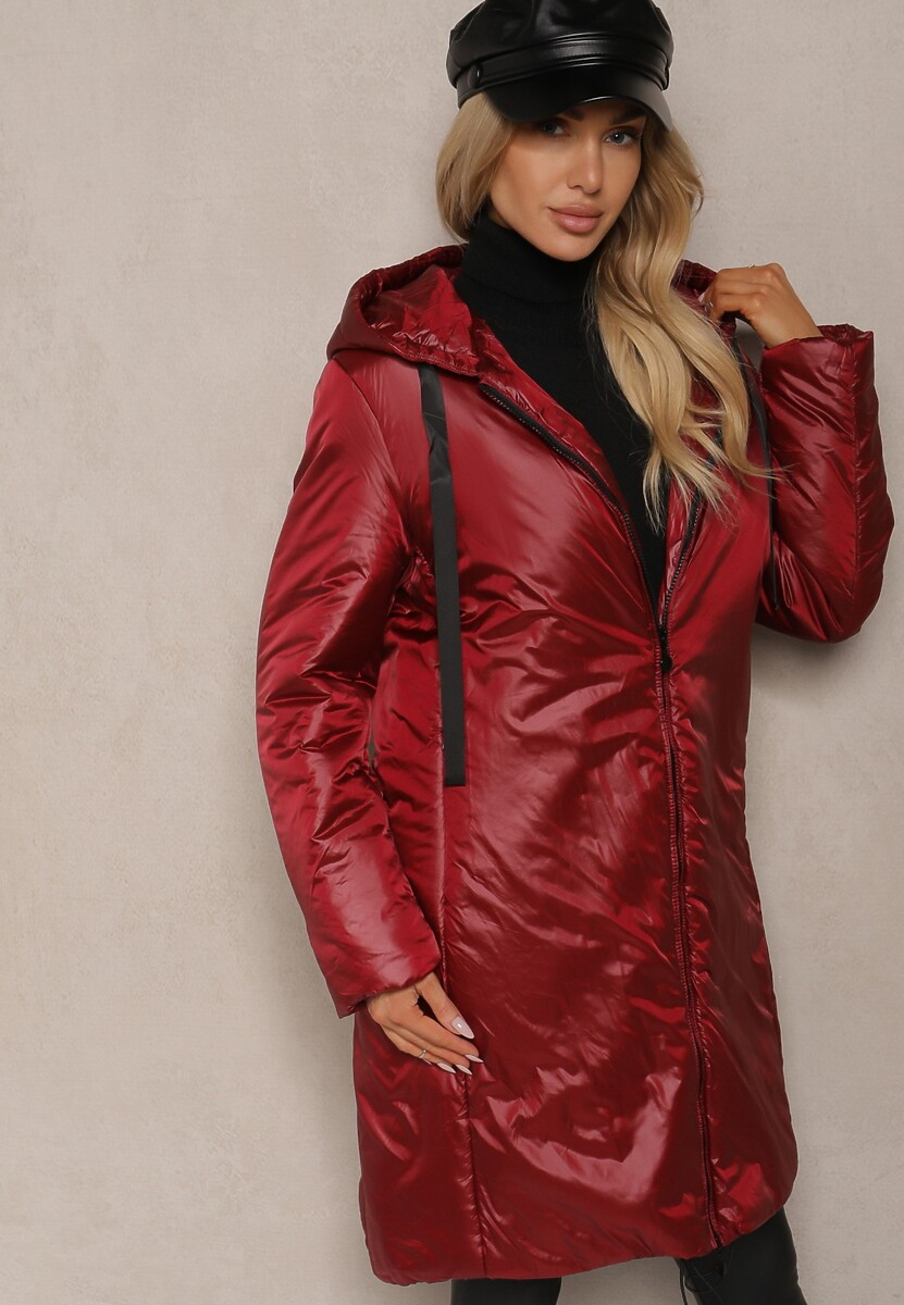 Bordowa Długa Kurtka o Prostym Kroju z Kapturem Ściągaczami i Kieszeniami Salenith